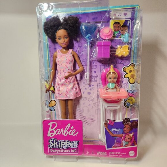 Barbie Skipper Babysitters Black Doll Set with Baby 10" High Chair Birthday Part - Picture 2 of 9